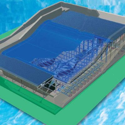 เครื่องจำลองการโต้คลื่น OEM Flowrider พร้อมปั๊มน้ำ 65kw และ PVC แบบนุ่มแข็งแรงสำหรับสวนน้ำ ขนาด 15.3ม.*9.3ม.