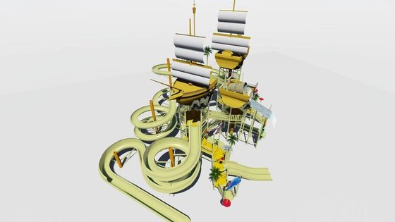 Pirate Ship Water Play Structure with Giant Tipping Bucket and Fiberglass Construction for Kids Water Park Equipment
